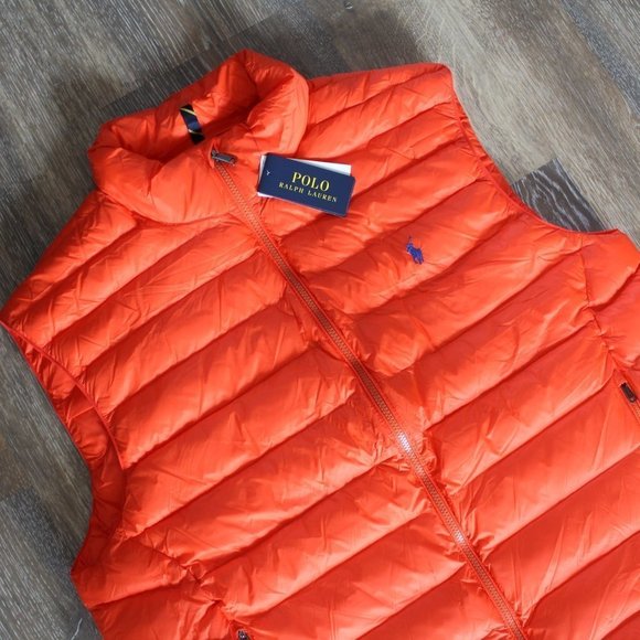 NWT POLO RALPH‎ LAUREN MEN'S BIG & TALL PACKABLE DOWN VEST ORANGE BLUE - Picture 1 of 8
